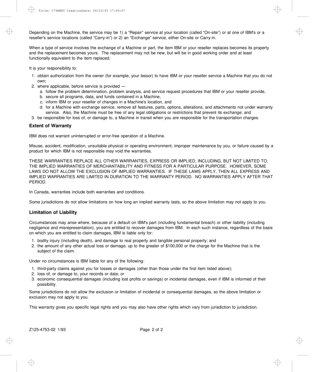 IBM Dock I manual Extent of Warranty 