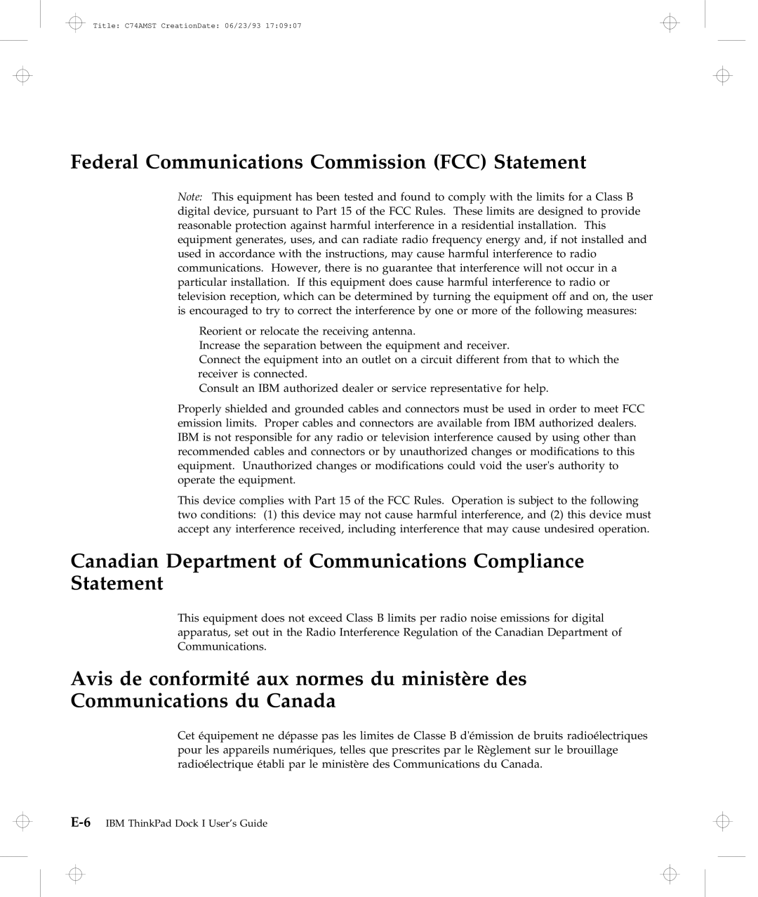 IBM Dock I Federal Communications Commission FCC Statement, Canadian Department of Communications Compliance Statement 