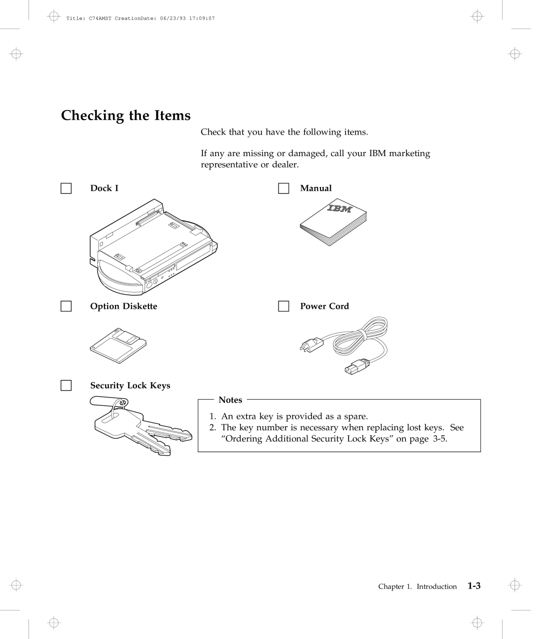 IBM Dock I manual Checking the Items, Dock Option Diskette Security Lock Keys Manual Power Cord 