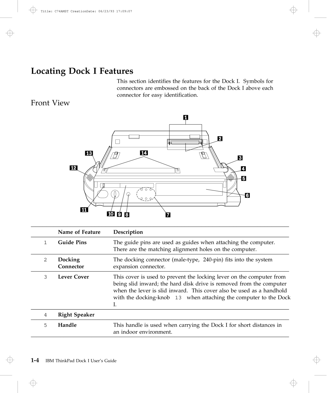 IBM manual Locating Dock I Features, Front View 