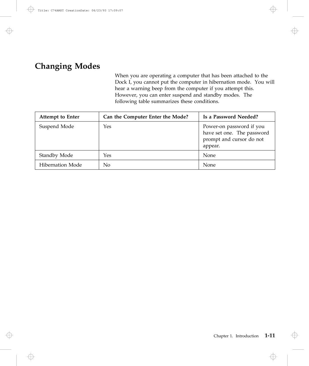 IBM Dock I manual Changing Modes 