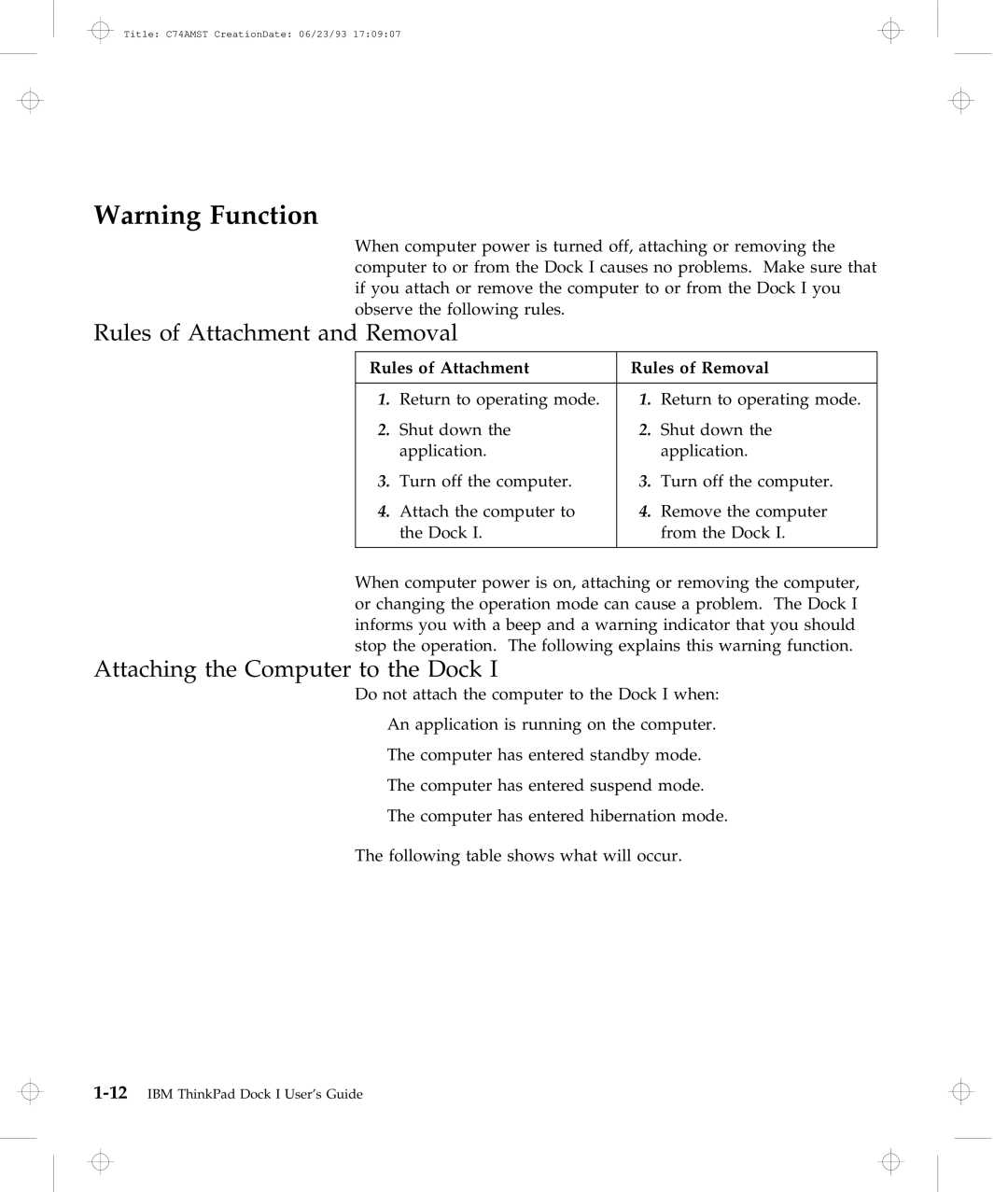 IBM Dock I manual Rules of Attachment and Removal, Attaching the Computer to the Dock, Rules of Attachment Rules of Removal 