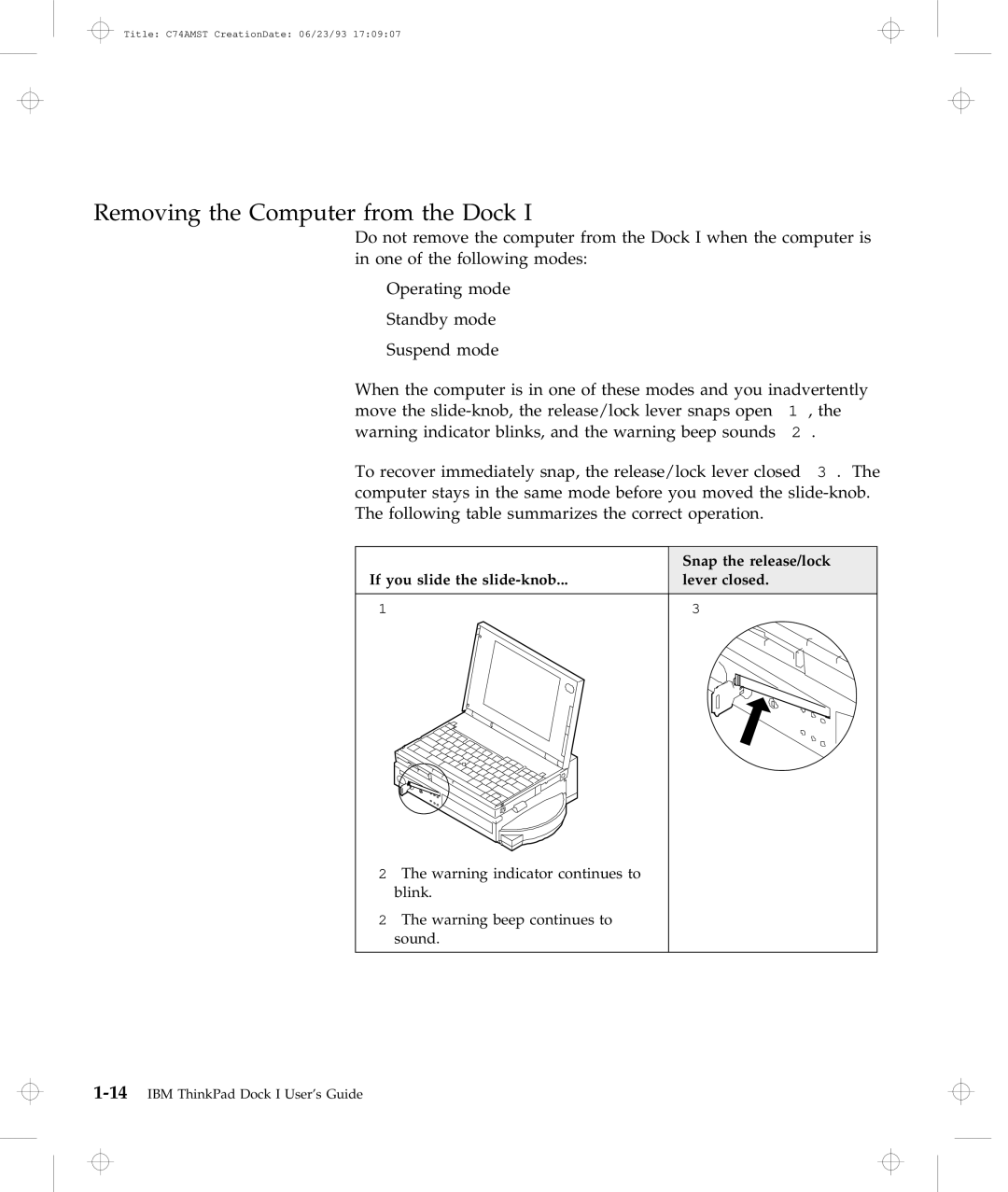 IBM Dock I manual Removing the Computer from the Dock, If you slide the slide-knob Lever closed 