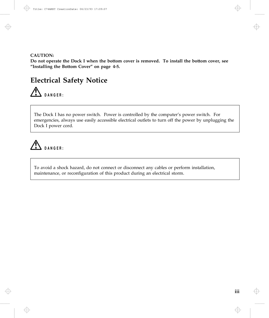 IBM Dock I manual Electrical Safety Notice, Iii 