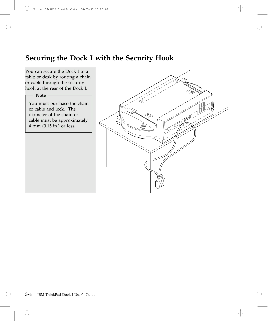 IBM manual Securing the Dock I with the Security Hook 