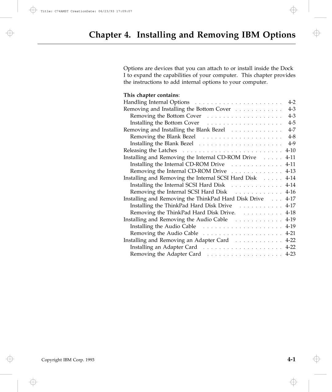 IBM Dock I manual Installing and Removing IBM Options, This chapter contains 