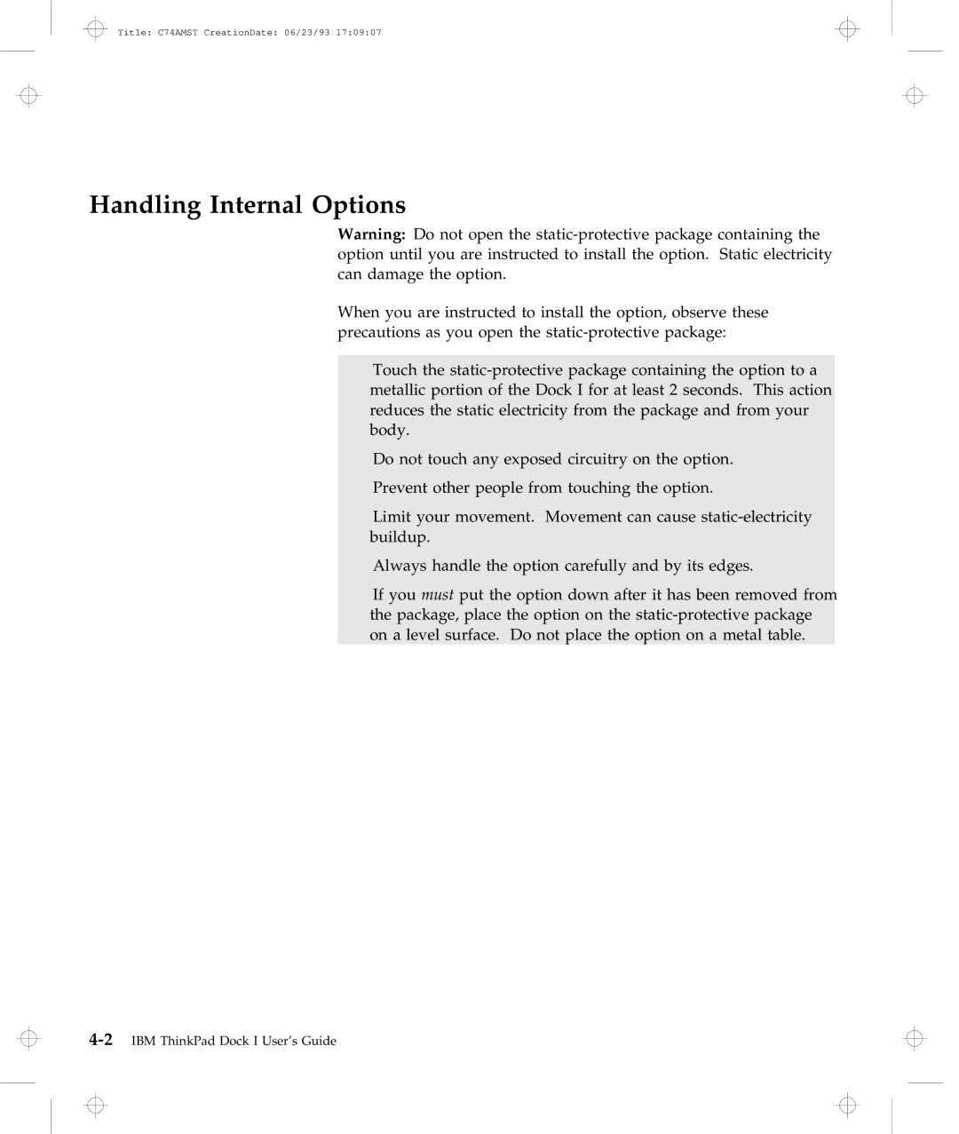 IBM Dock I manual Handling Internal Options 