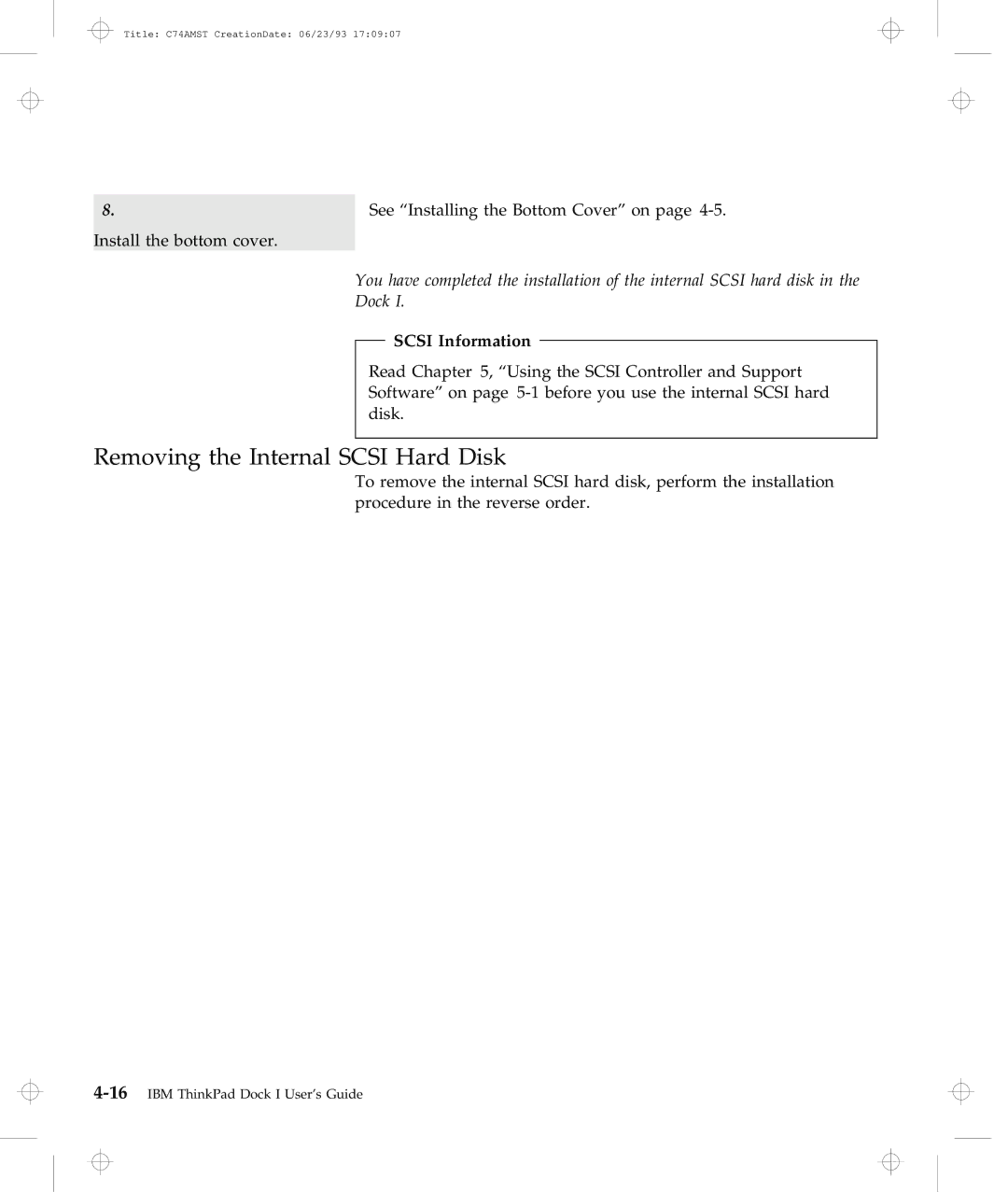IBM Dock I manual Removing the Internal Scsi Hard Disk, Scsi Information 