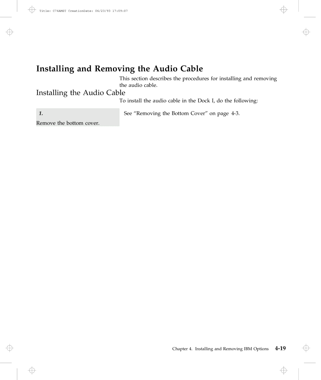 IBM Dock I manual Installing and Removing the Audio Cable, Installing the Audio Cable 