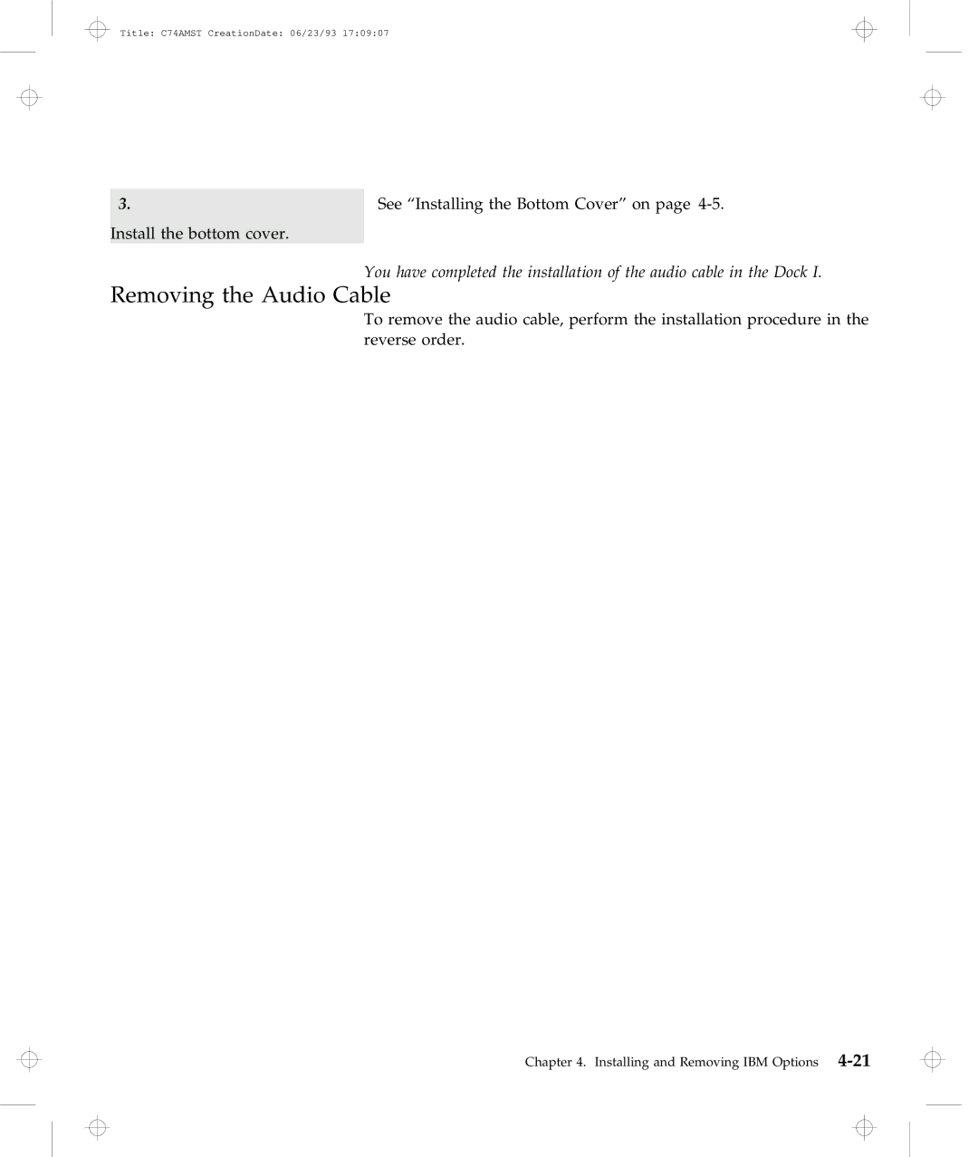 IBM Dock I manual Removing the Audio Cable 