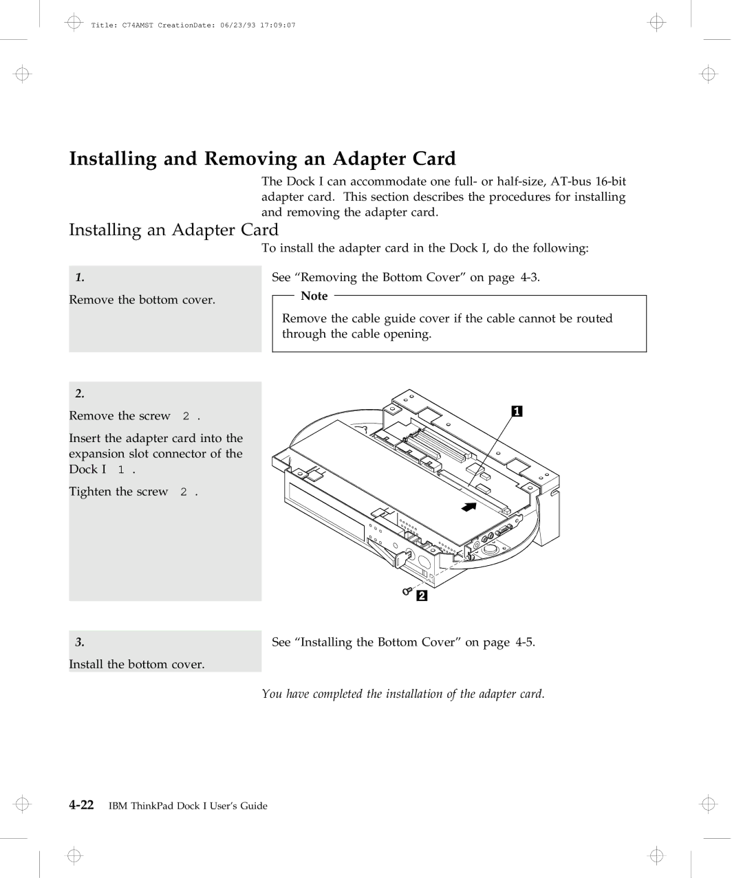 IBM Dock I manual Installing and Removing an Adapter Card, Installing an Adapter Card 