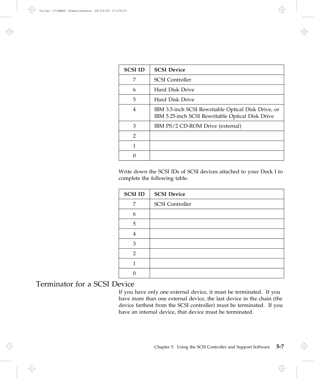 IBM Dock I manual Terminator for a Scsi Device, Scsi ID Scsi Device 