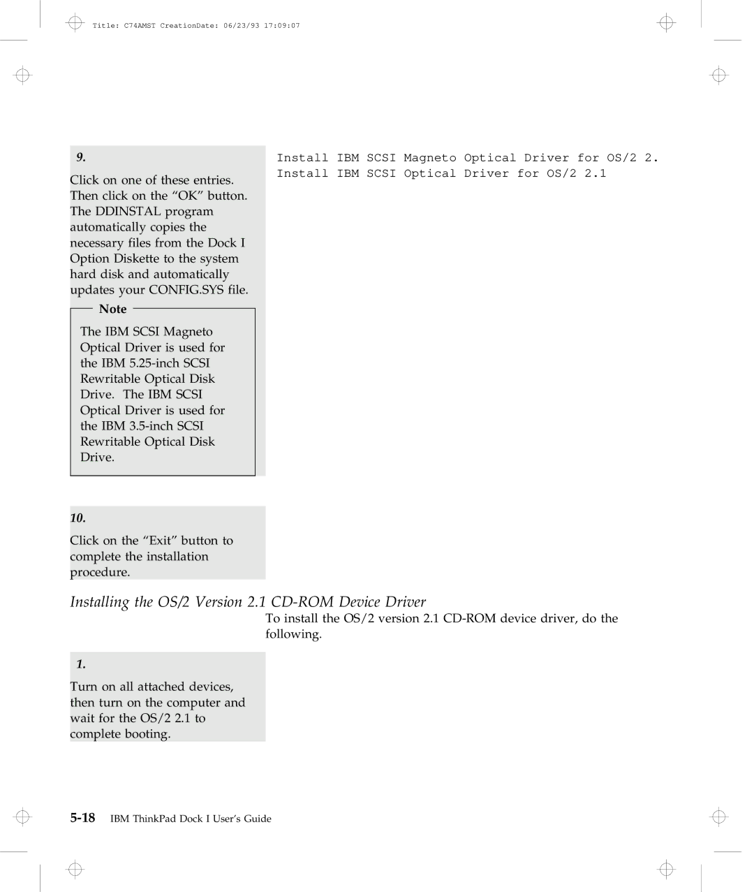 IBM Dock I manual Installing the OS/2 Version 2.1 CD-ROM Device Driver 