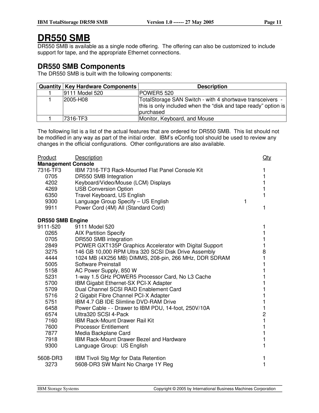 IBM DR550 SMB V.1 manual DR550 SMB Components, Quantity, Description, Management Console, DR550 SMB Engine 