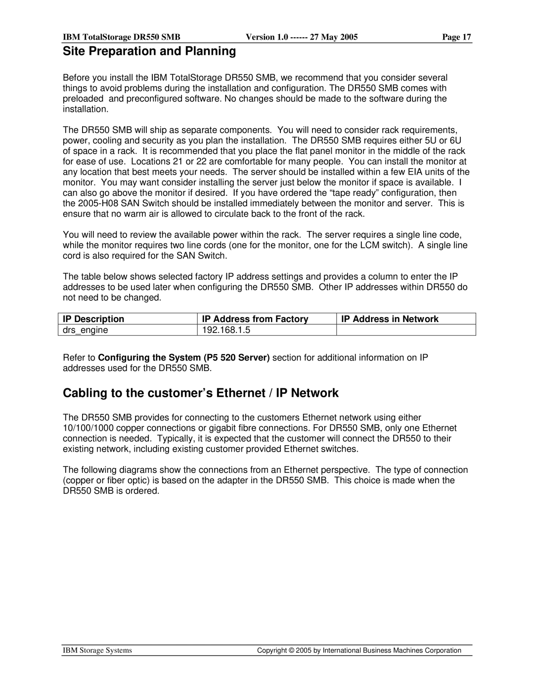 IBM DR550 SMB V.1 manual Site Preparation and Planning, Cabling to the customer’s Ethernet / IP Network 