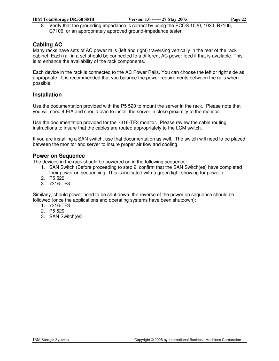 IBM DR550 SMB V.1 manual Cabling AC 