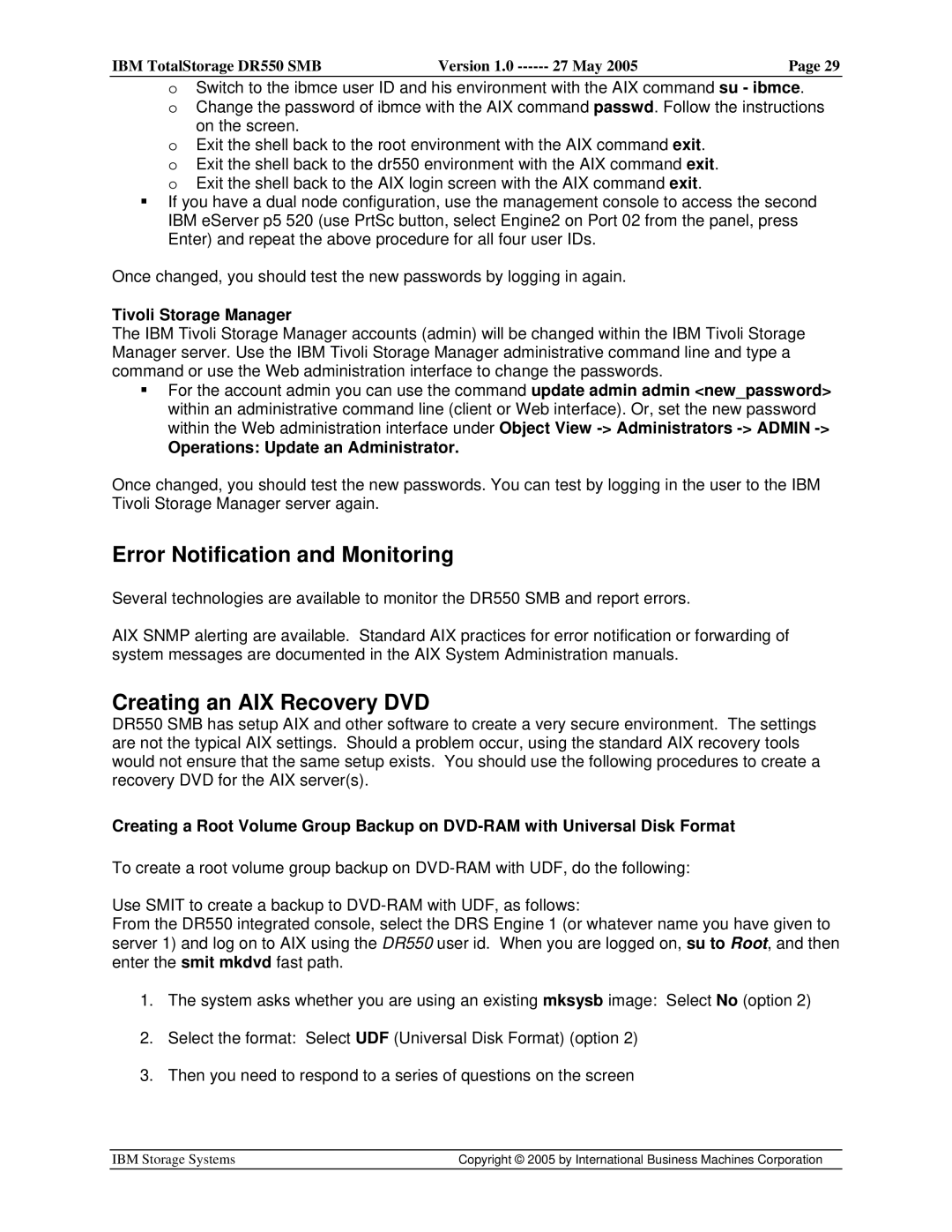 IBM DR550 SMB V.1 Error Notification and Monitoring, Creating an AIX Recovery DVD, Operations Update an Administrator 