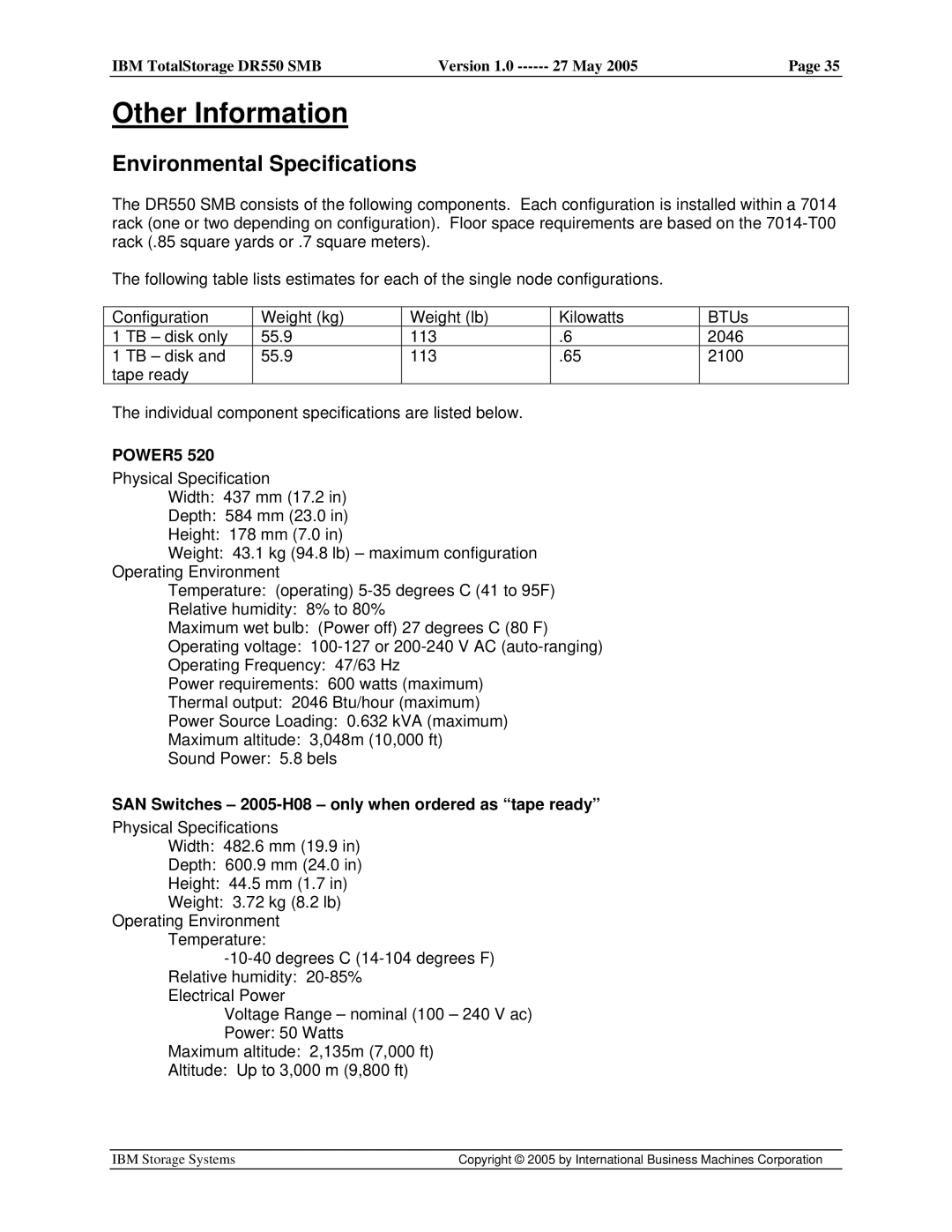 IBM DR550 SMB V.1 manual Other Information, Environmental Specifications, POWER5 