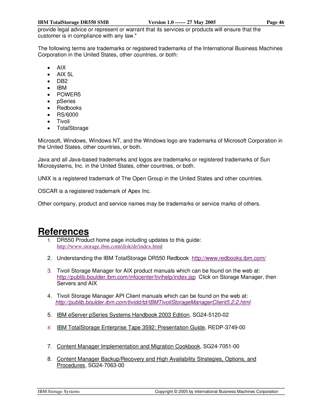 IBM DR550 SMB V.1 manual References, IBM POWER5 