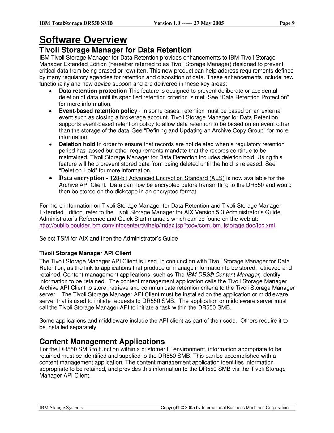 IBM DR550 SMB V.1 manual Software Overview, Tivoli Storage Manager for Data Retention, Content Management Applications 