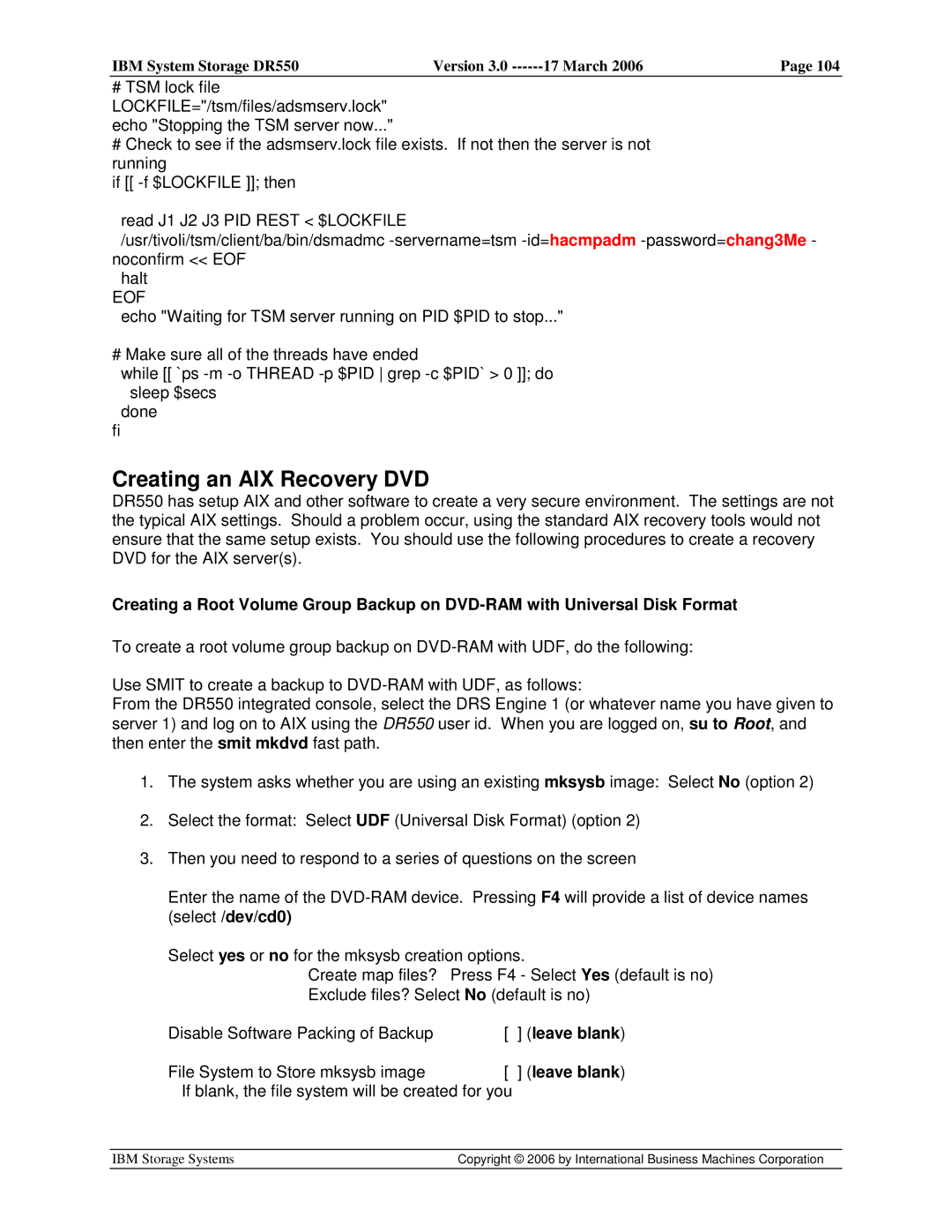 IBM DR550 manual Creating an AIX Recovery DVD, Leave blank 