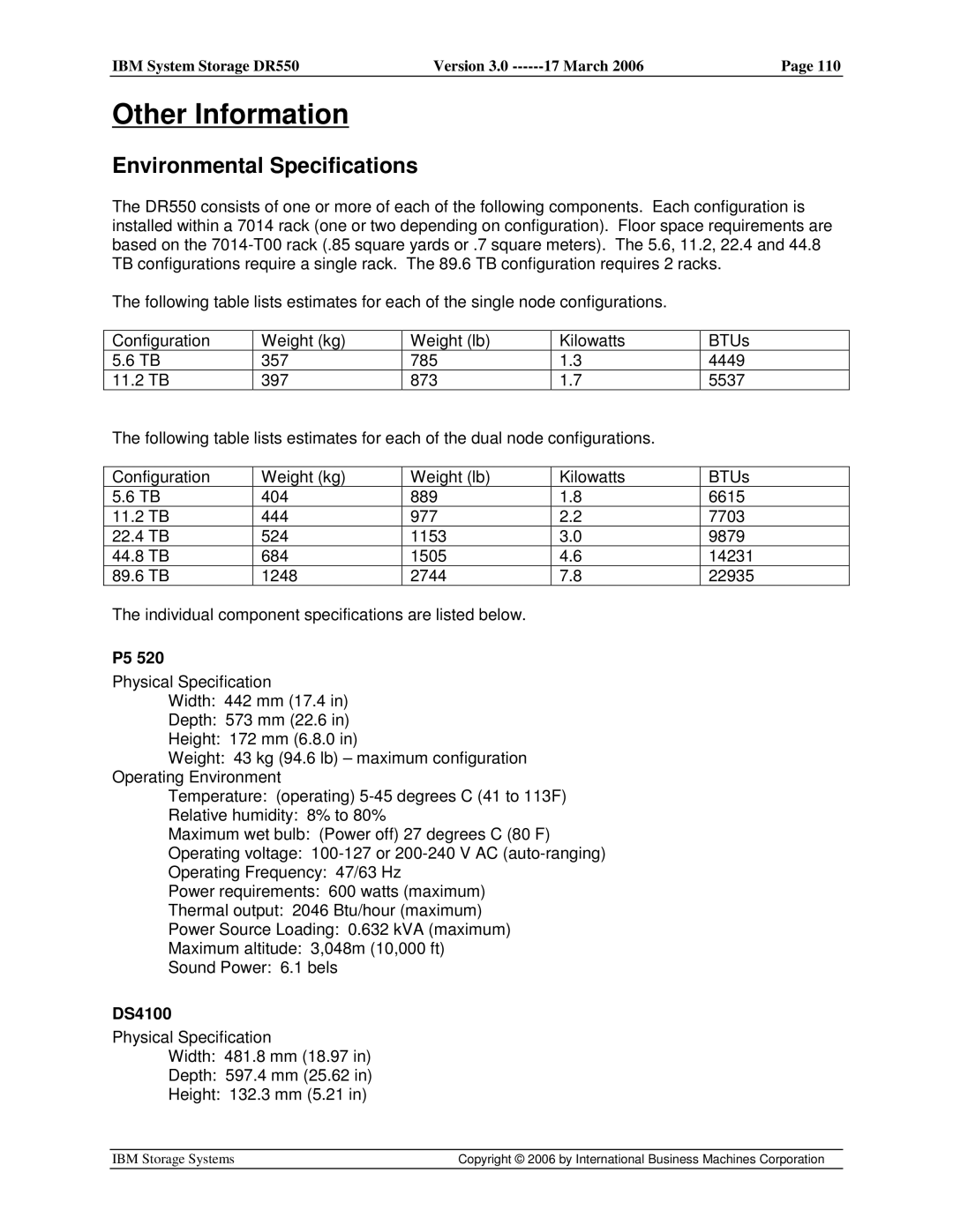 IBM DR550 manual Other Information, Environmental Specifications, DS4100 