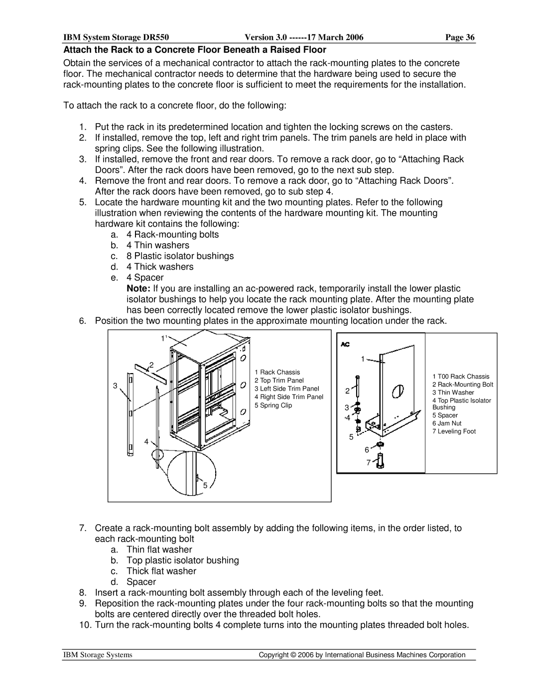 IBM DR550 manual Attach the Rack to a Concrete Floor Beneath a Raised Floor 