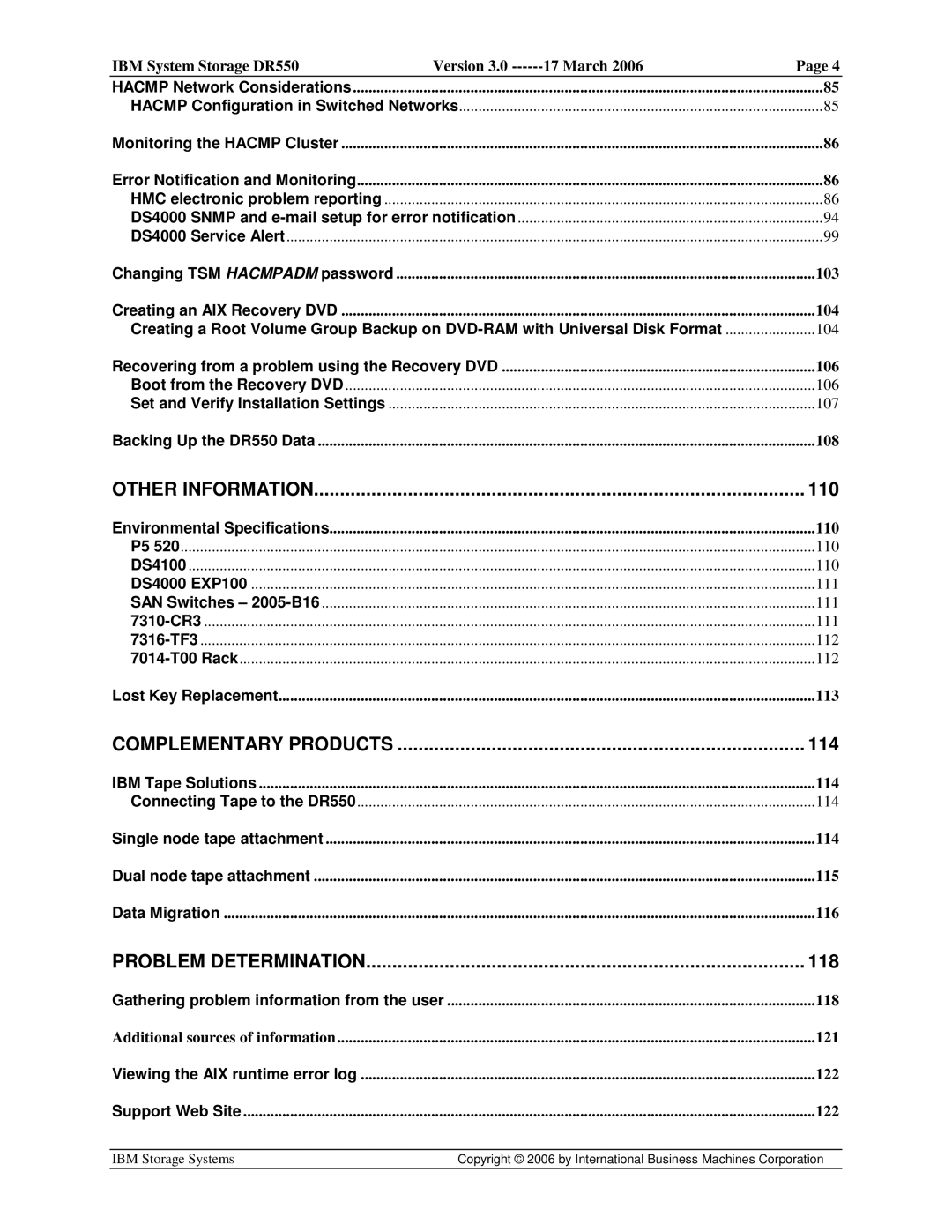 IBM DR550 manual 110, 114, 118 