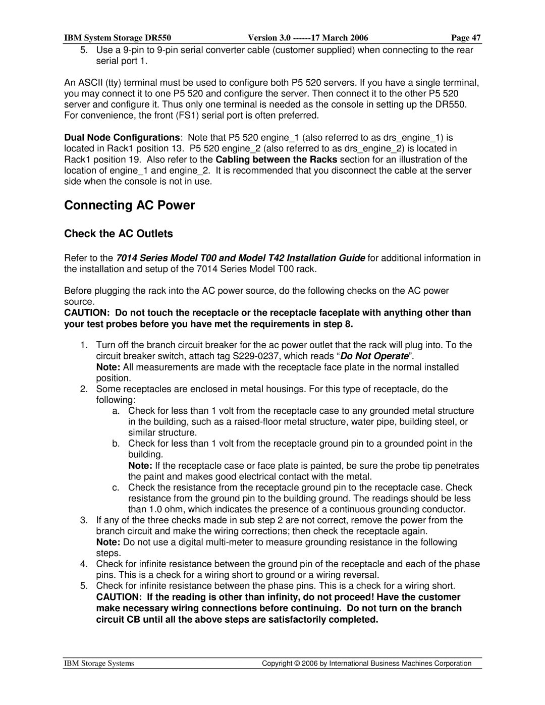 IBM DR550 manual Connecting AC Power, Check the AC Outlets 