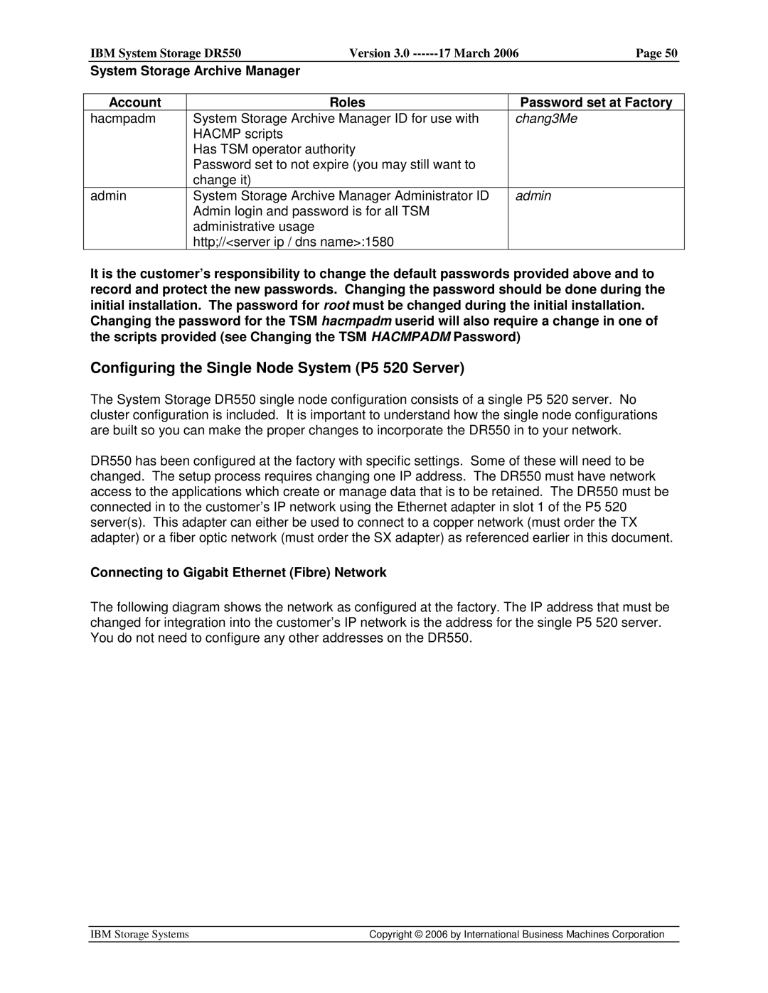 IBM DR550 manual Configuring the Single Node System P5 520 Server, Connecting to Gigabit Ethernet Fibre Network 