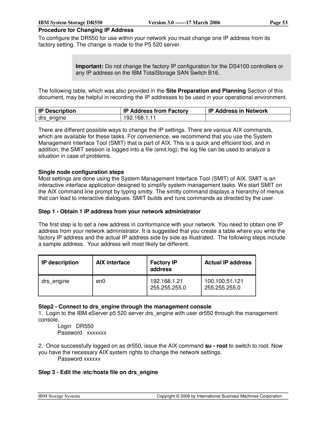 IBM DR550 manual Procedure for Changing IP Address, Single node configuration steps, Edit the /etc/hosts file on drsengine 