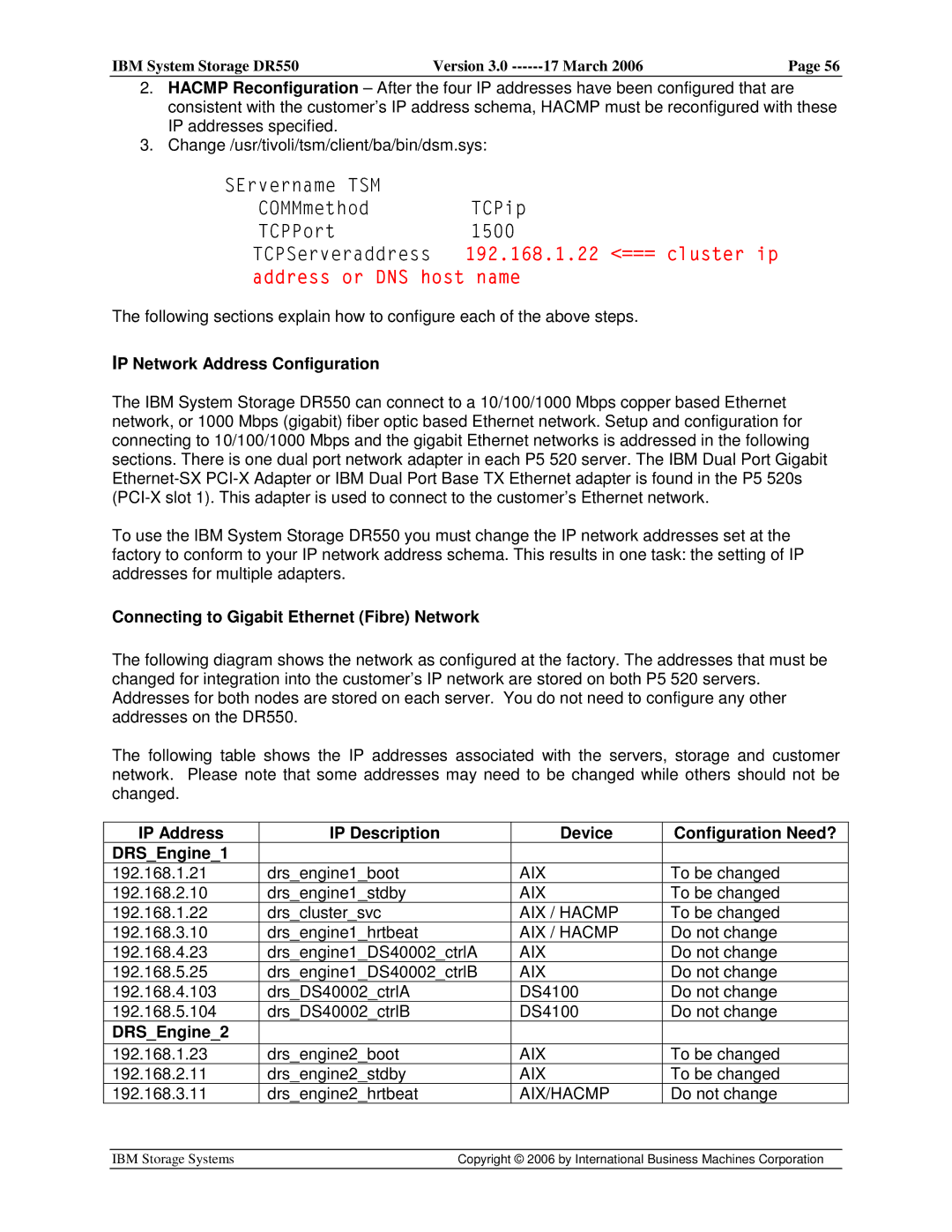 IBM DR550 manual IP Network Address Configuration, IP Address IP Description Device, DRSEngine2 