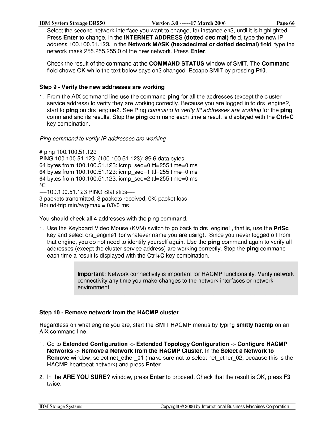 IBM DR550 manual Verify the new addresses are working, Remove network from the Hacmp cluster 