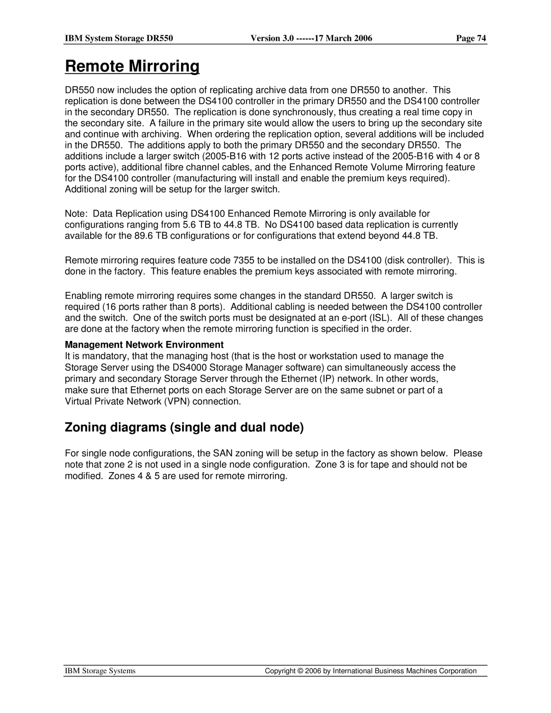 IBM DR550 manual Remote Mirroring, Zoning diagrams single and dual node, Management Network Environment 