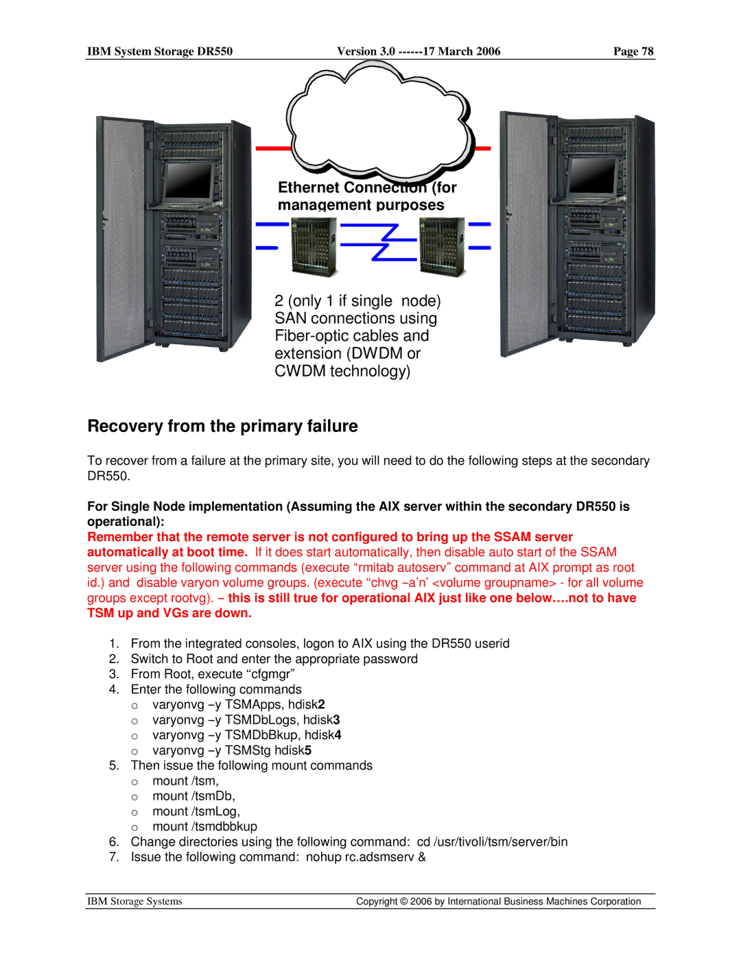 IBM DR550 manual Recovery from the primary failure, Ethernet Connection for management purposes 