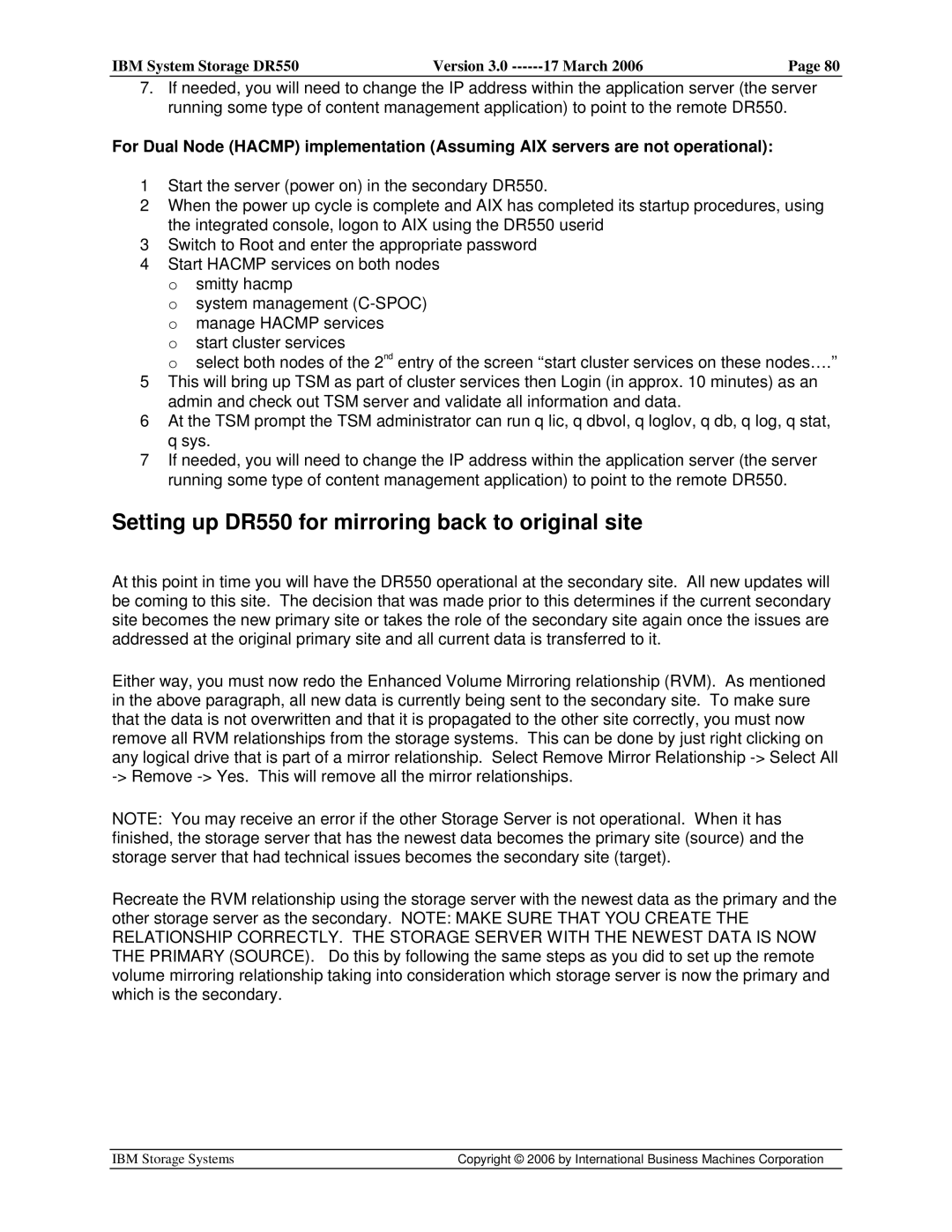 IBM manual Setting up DR550 for mirroring back to original site 