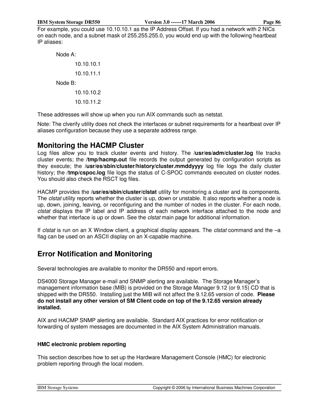 IBM DR550 manual Monitoring the Hacmp Cluster, Error Notification and Monitoring, HMC electronic problem reporting 