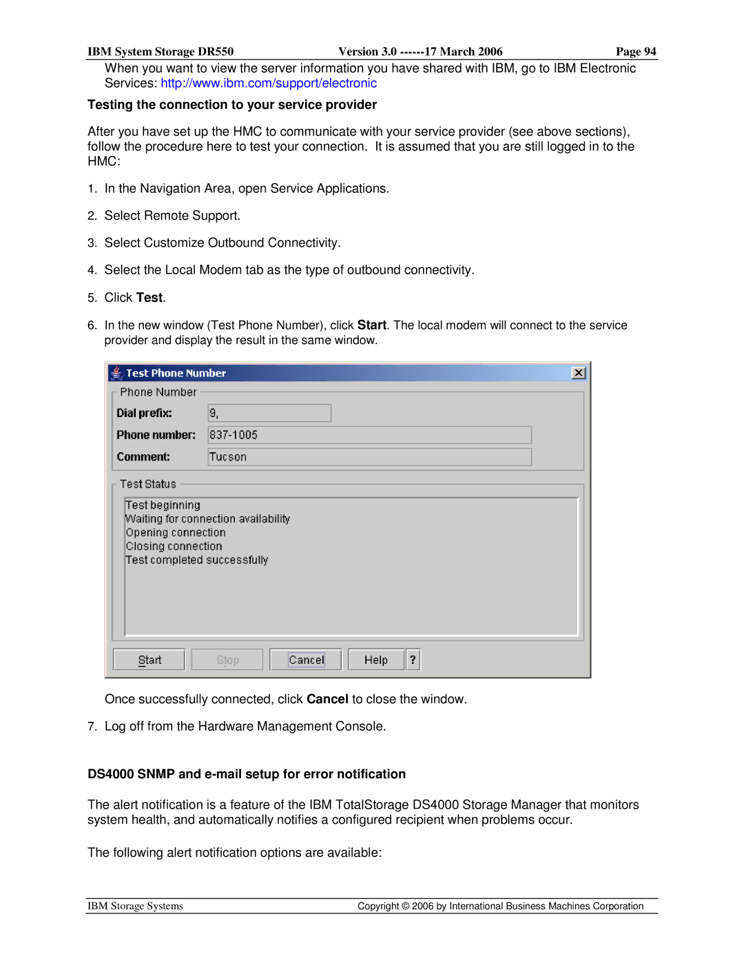 IBM DR550 manual Testing the connection to your service provider, DS4000 Snmp and e-mail setup for error notification 