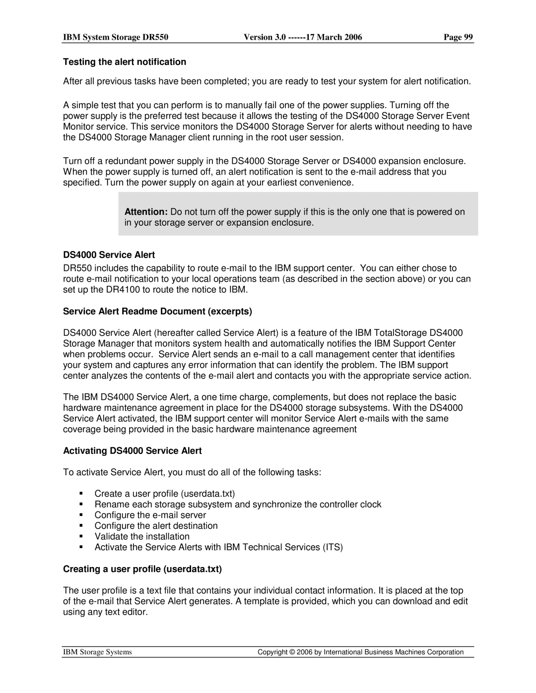 IBM DR550 manual Testing the alert notification, DS4000 Service Alert, Service Alert Readme Document excerpts 