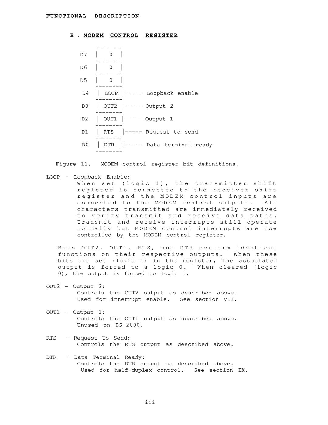 IBM DS-2000 warranty Functional Description Modem Control Register 