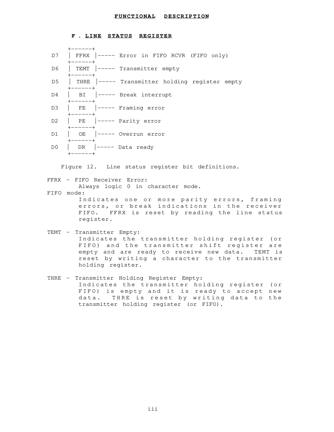 IBM DS-2000 warranty Functional Description Line Status Register, Ffrx, Temt, Thre 