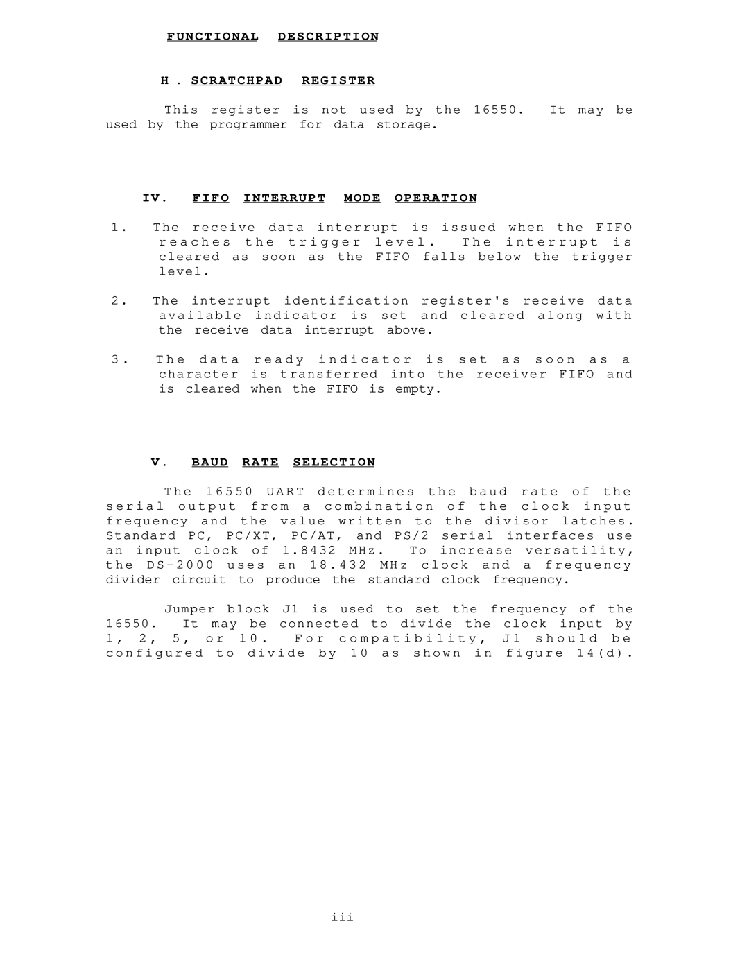 IBM DS-2000 warranty Functional Description Scratchpad Register, Fifo Interrupt Mode Operation, Baud Rate Selection, Pc/Xt 