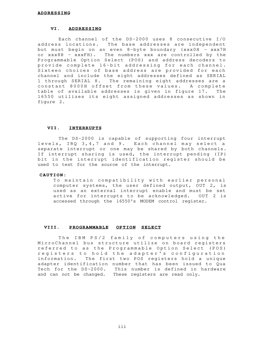 IBM DS-2000 warranty Addressing VI. Addressing, VII Interrupts, VIII. Programmable Option Select 