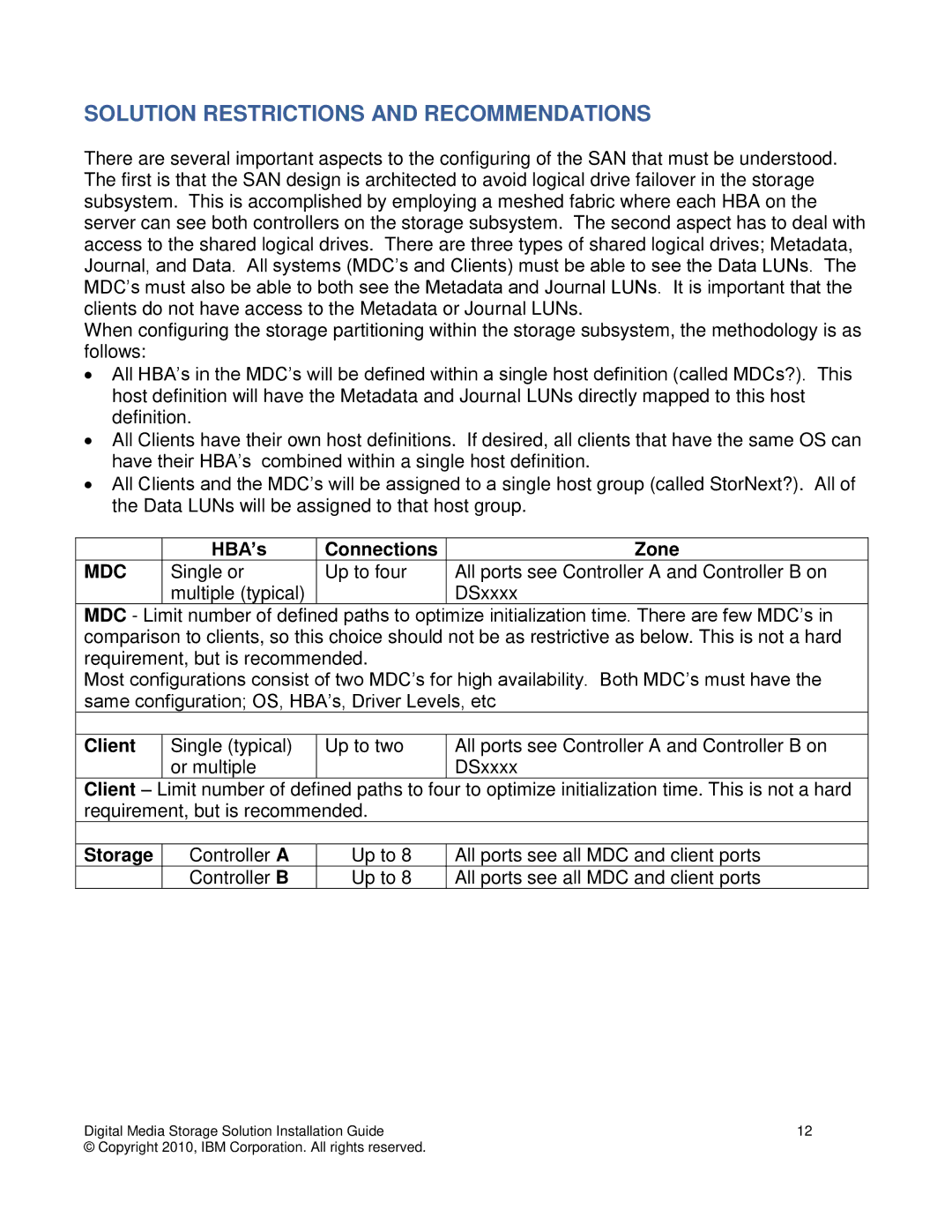 IBM DS3000, DS5000, DS4000 manual Solution Restrictions and Recommendations, HBA’s Connections Zone, Storage 