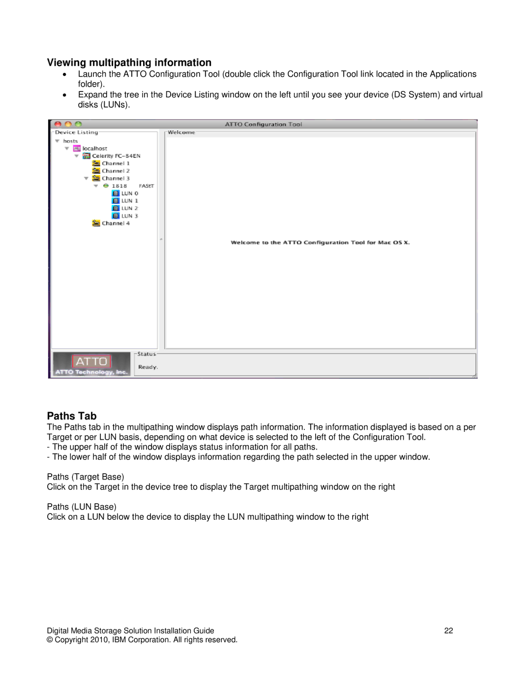 IBM DS5000, DS3000, DS4000 manual Viewing multipathing information, Paths Tab 