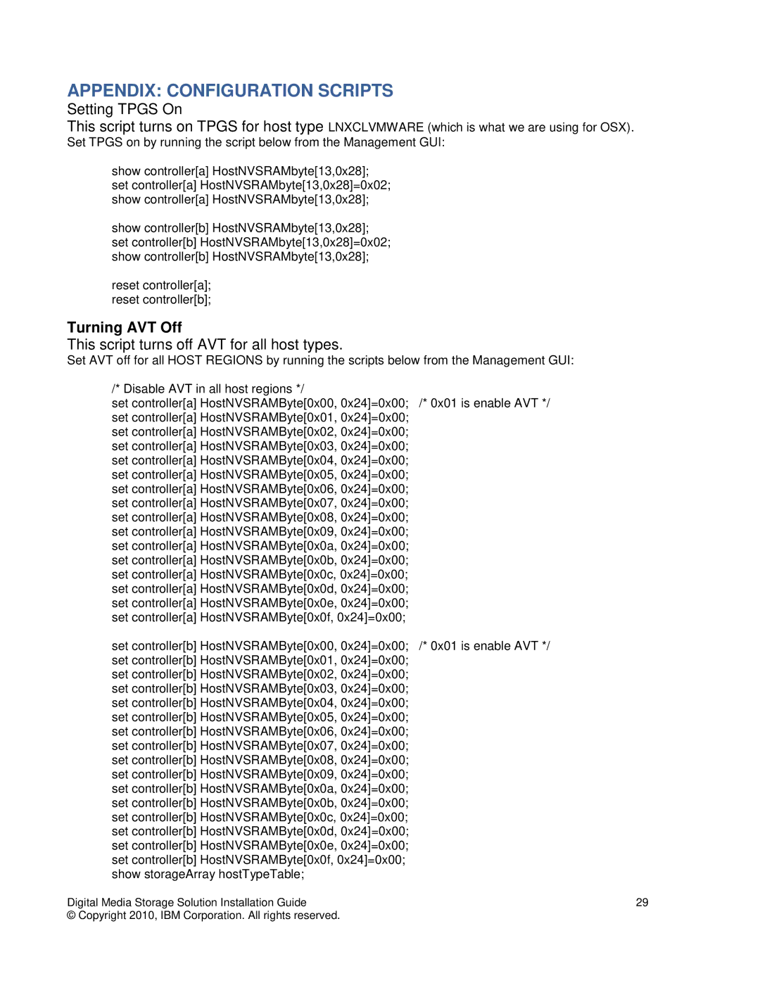 IBM DS4000, DS3000, DS5000 manual Appendix Configuration Scripts, Turning AVT Off 