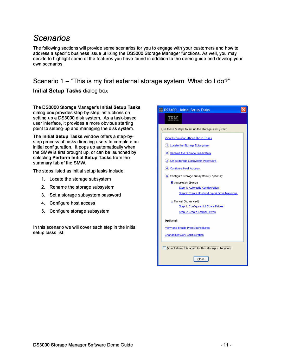 IBM DS3000 manual Scenarios, Initial Setup Tasks dialog box 
