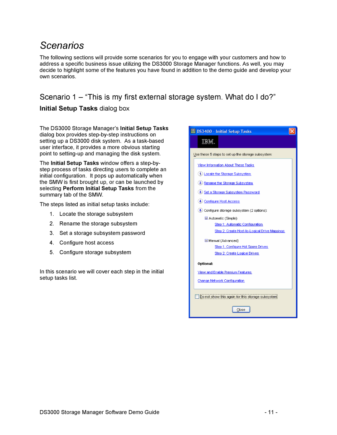 IBM DS3000 manual Scenarios, Initial Setup Tasks dialog box 