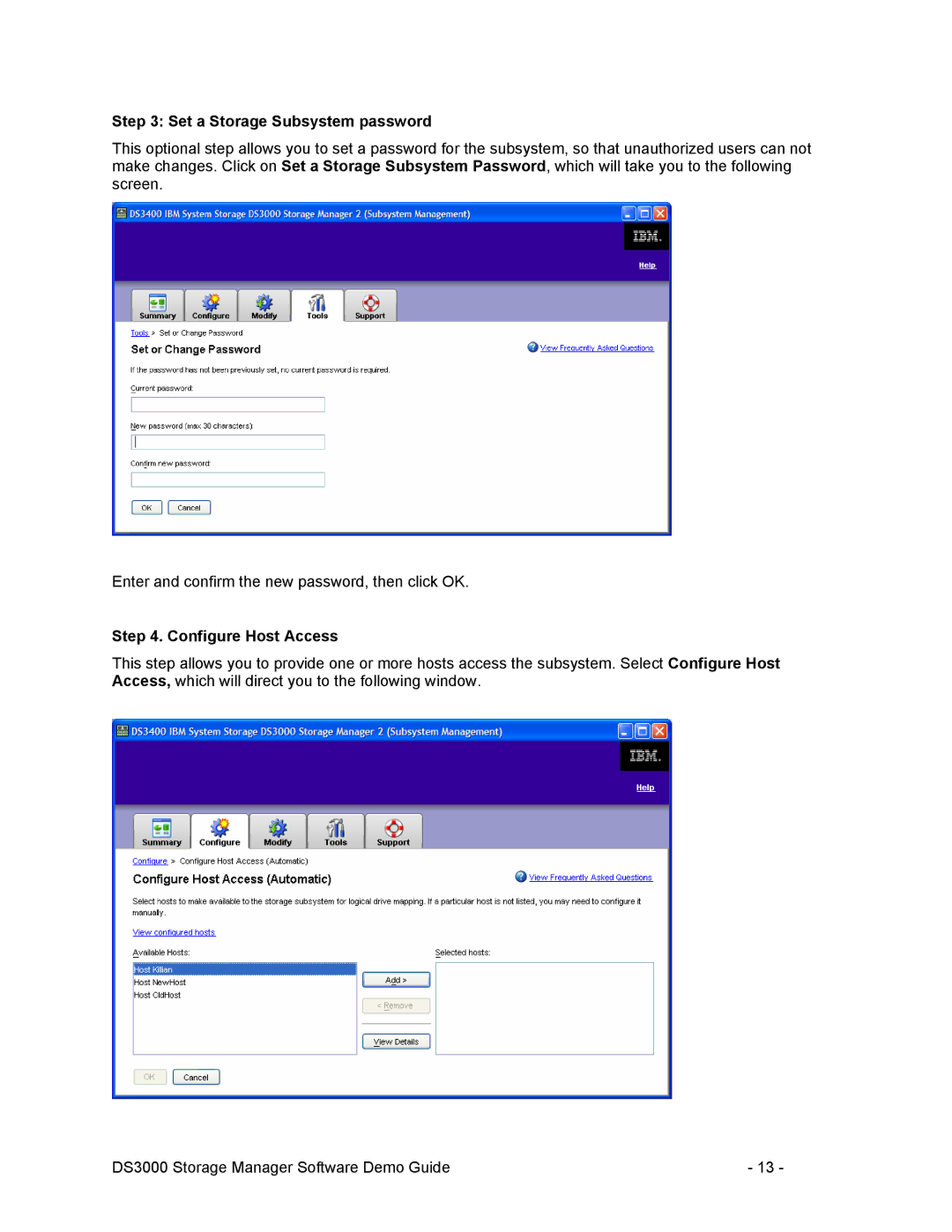 IBM DS3000 manual Set a Storage Subsystem password, Configure Host Access 