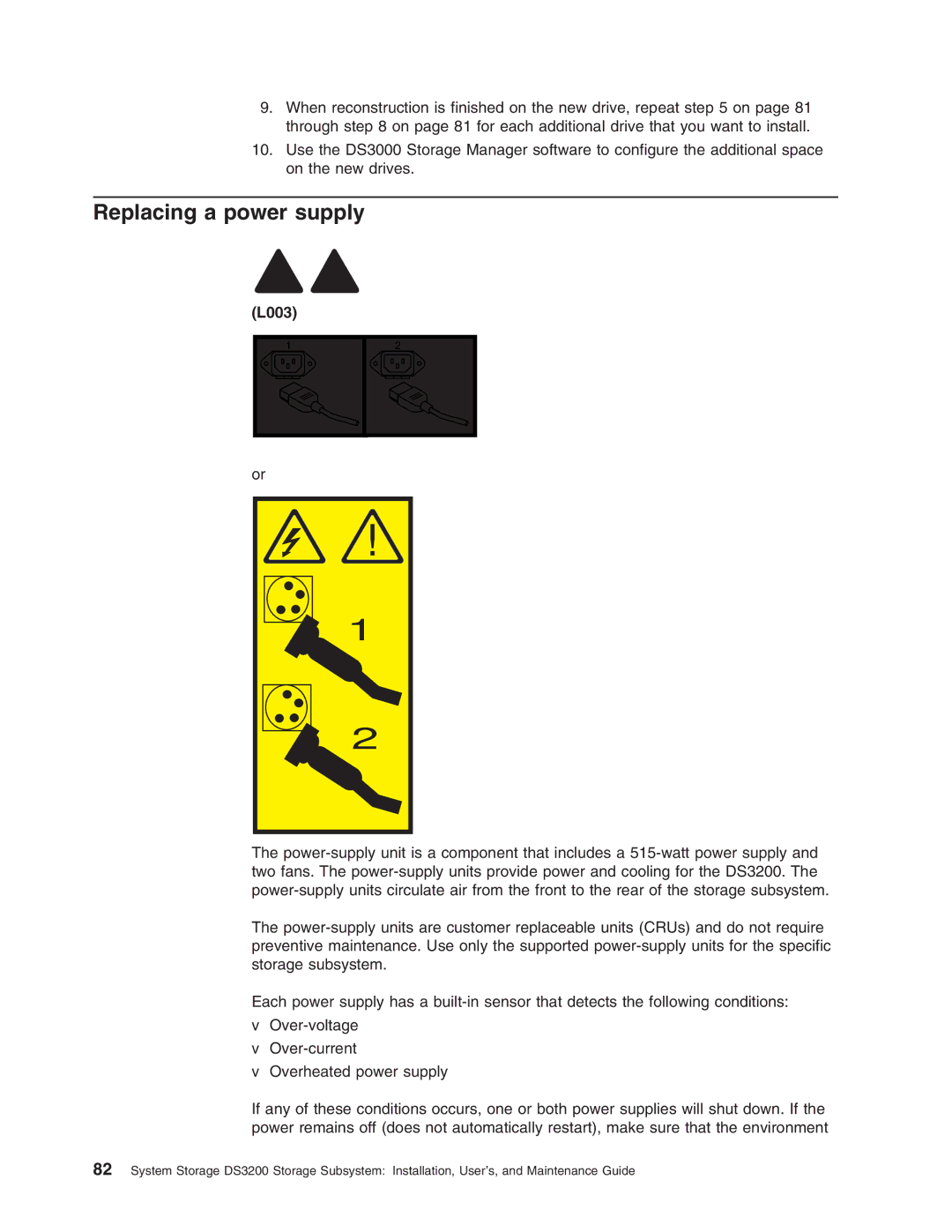 IBM DS3200 Storage Subsystem manual Replacing a power supply, L003 